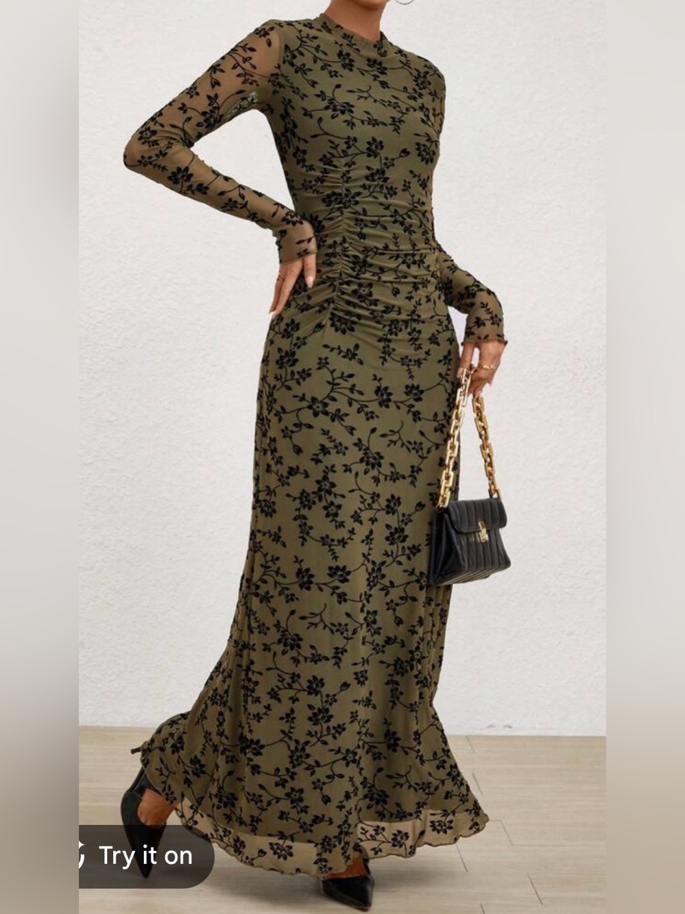 SHEIN Olive Green Long Sleeve Floral Mesh Maxi Dress